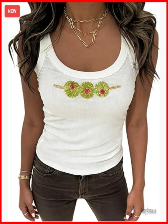 Tops - Beaded Sequin Graphic Ribbed Knit Tank Top Y2k Crop